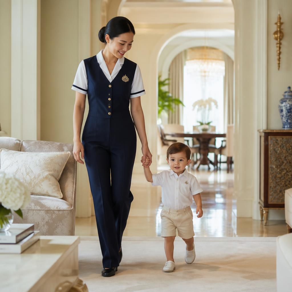 Refined baby nanny reading a picture book with a happy toddler in an elegant living room